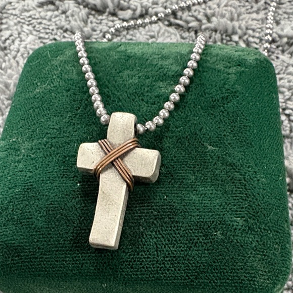 Jewelry - Men's Silver Cross Pendant Necklace with Copper Accent